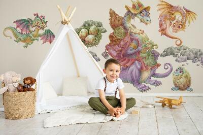 Muurstickers 60x73 Een sprookjesachtige familie van kleurrijke draken in pasteltinten