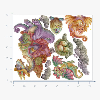 Muurstickers 60x73 Een sprookjesachtige familie van kleurrijke draken in pasteltinten