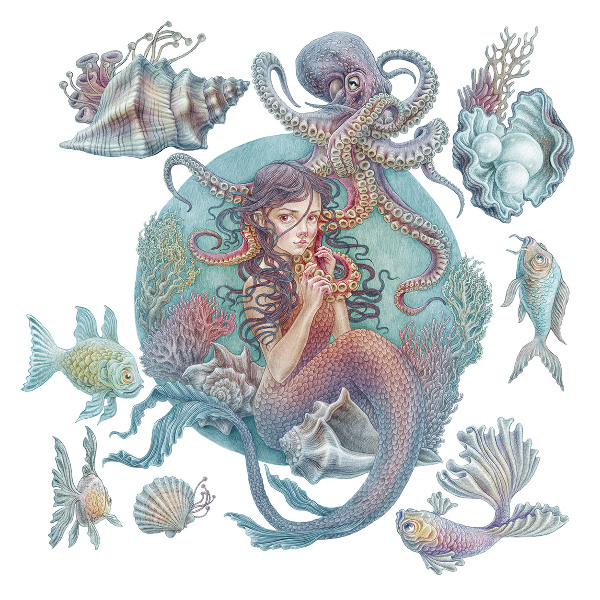 Muurstickers 60x67 Een zeemeermin in pastelstijl