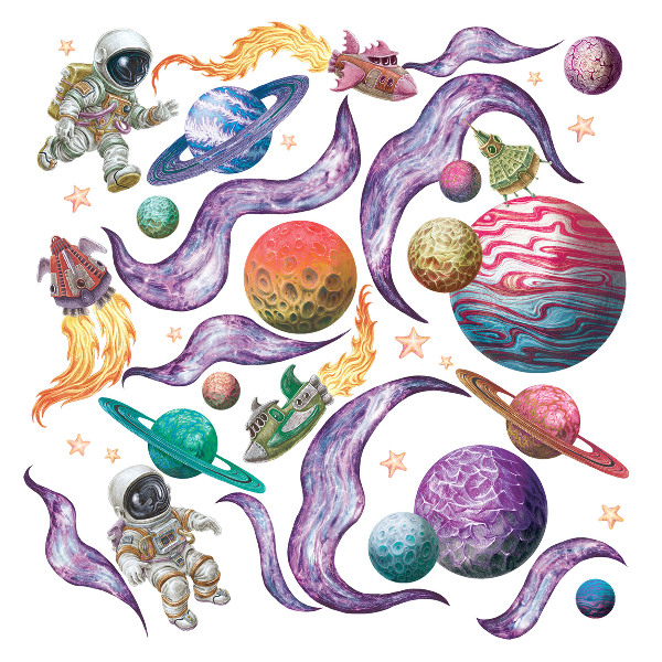 Muurstickers 60x92 Ruimteavonturen van raketten en planeten in pasteltinten
