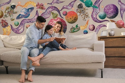 Muurstickers 60x92 Ruimteavonturen van raketten en planeten in pasteltinten