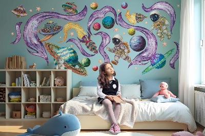 Muurstickers 60x103 Astronautenraketten tegen een pastelkleurige planetaire achtergrond