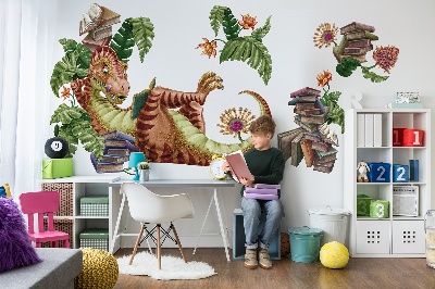 Muur stickers 80x119 Rode dinosaurus met tekeningen en vegetatie
