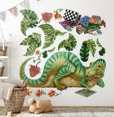 Muur stickers 80x102 Een dinosaurus in cartoonstijl met bladeren en bloemen
