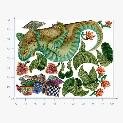 Muur stickers 80x102 Een dinosaurus in cartoonstijl met bladeren en bloemen
