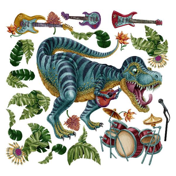 Muur stickers 80x119 Muzikale tekenfilmdinosaurus met instrumenten