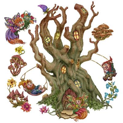 Muur stickers 80x106 Bosfeeënwezens en een boomhut