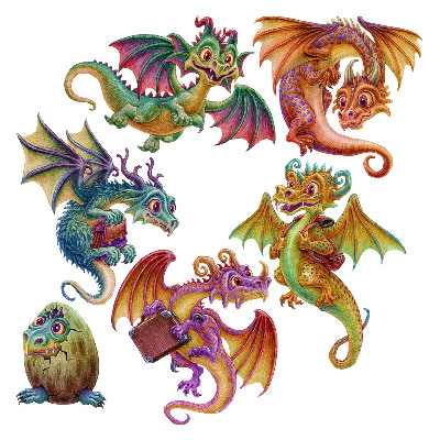 Muur stickers 80x64 Kleurrijke draken in een cartoonachtige, sprookjesachtige esthetiek