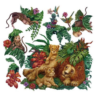 Muur stickers 80x126 Safari exotische beesten in tropische jungle cartoonstijl