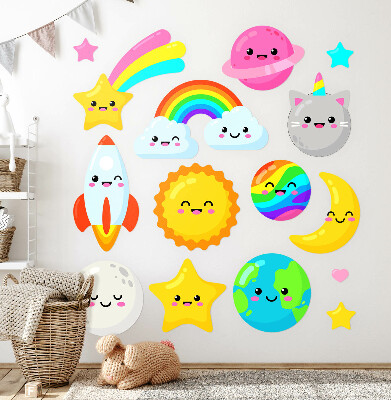 Muur stickers 80x134 Regenboogruimtethema met raket en planeten