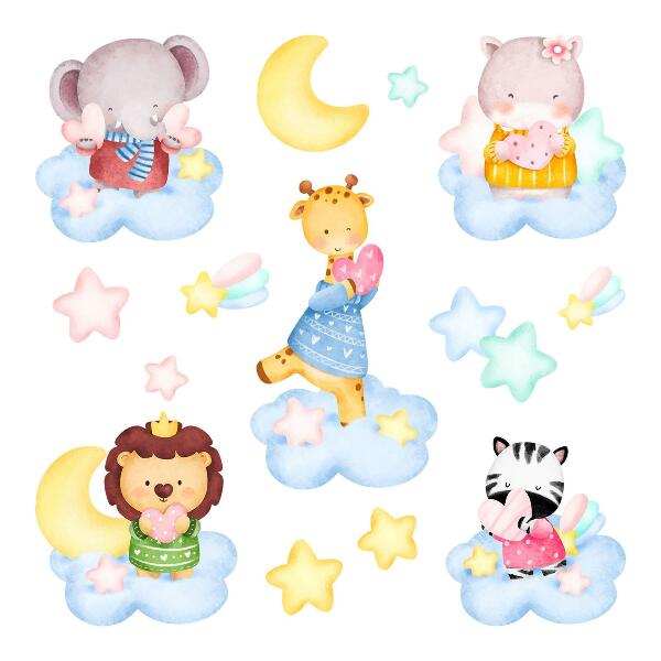 Muur stickers 80x122 Schattige dieren in wolken en sterren aquarel pastel
