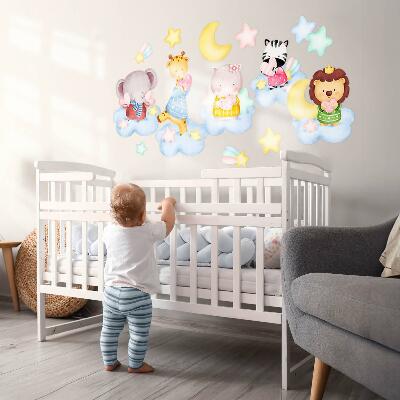 Muur stickers 80x122 Schattige dieren in wolken en sterren aquarel pastel