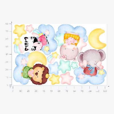 Muur stickers 80x122 Schattige dieren in wolken en sterren aquarel pastel