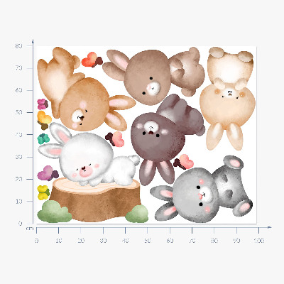 Muur stickers 80x99 Pastelkleurige konijntjes en vlinders in bosstijl