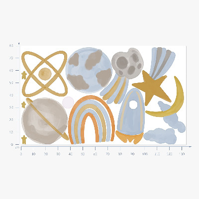 Muur stickers 80x134 Een ruimte-illustratie van planeten en sterren in pastelkleuren.