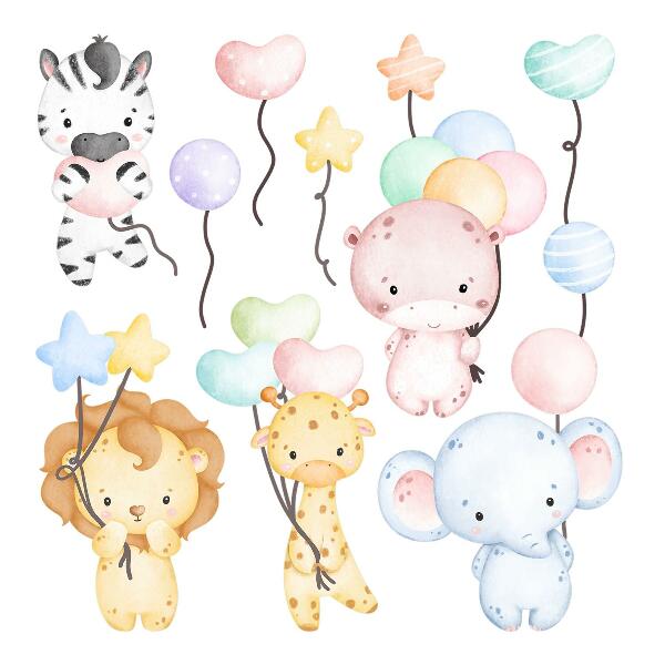 Muur stickers 80x118 Safari met wilde dieren en aquarelballonnen