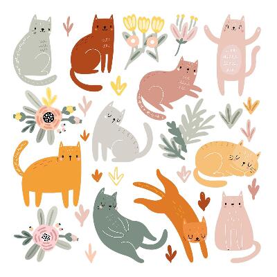 Muur stickers 80x141 Pastelkleurige katten en planten in boho-stijl