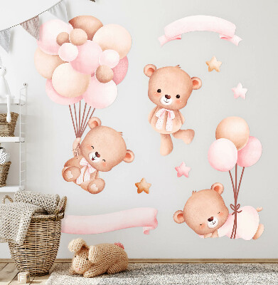 Muur stickers 80x116 Teddyberen met ballonnen in pastelwaterverf