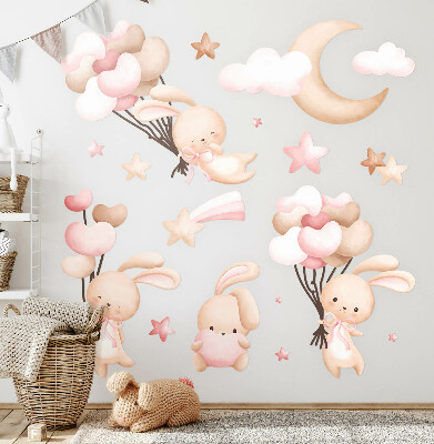 Muur stickers 80x144 Konijntjes met ballonnen in pastelkleurige aquareltinten
