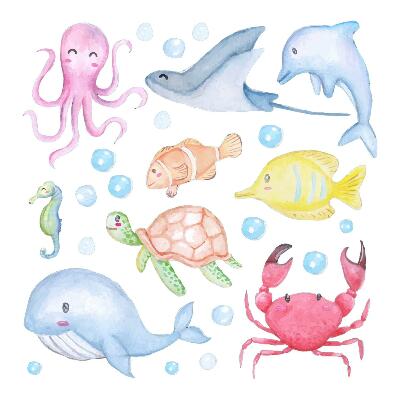 Muur stickers 80x113 Een pastelkleurige onderwaterwereld van aquarelwezens