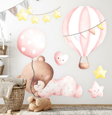 Muur stickers 80x74 Teddybeer met ballonnen en sterren in pastelwaterverf