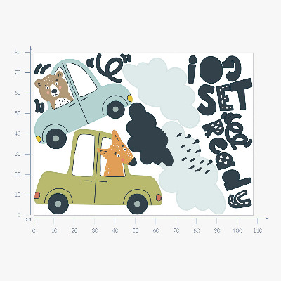 Muur stickers 80x108 Klaar om te gaan! Pastelkleurige dieren in auto's