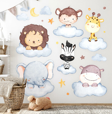 Muur stickers 80x109 Schattige dieren in pastelwolken