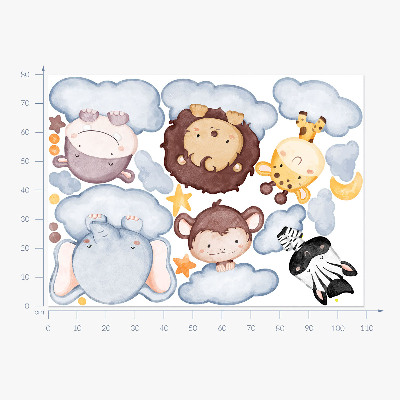 Muur stickers 80x109 Schattige dieren in pastelwolken