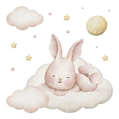 Muur stickers 80x69 Konijntje op de wolken en pastelwaterverf