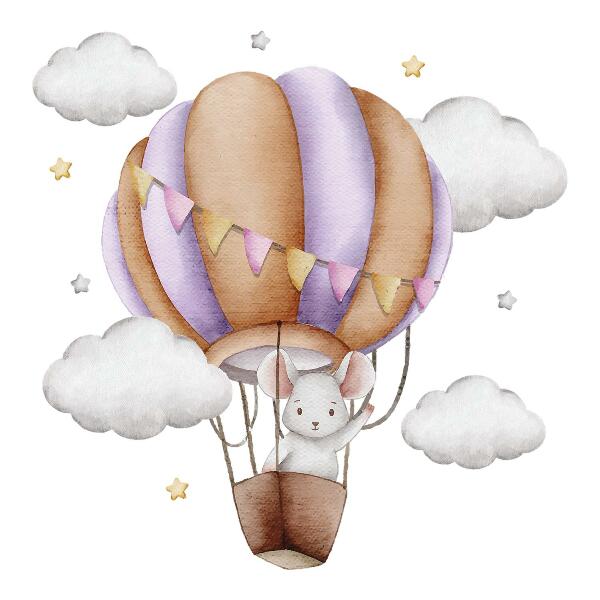 Muur stickers 80x94 De reis van een ballonmuis in pastelkleurige wolken