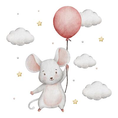 Muur stickers 80x142 Muis met een ballon in de wolken aquarel pastels