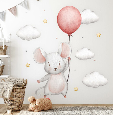 Muur stickers 80x142 Muis met een ballon in de wolken aquarel pastels