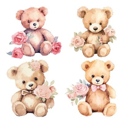 Muur stickers 80x103 Teddyberen met bloemen in aquarelstijl