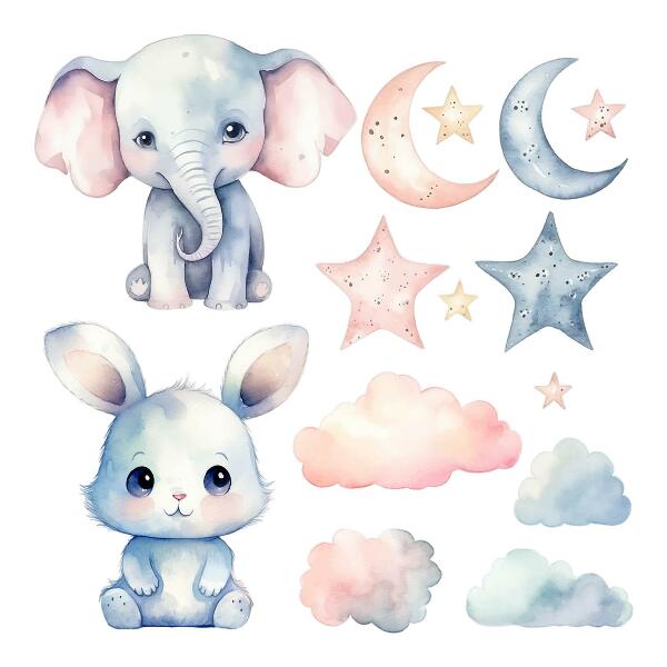 Muur stickers 80x138 Schattige dieren aan de pastelkleurige nachthemel