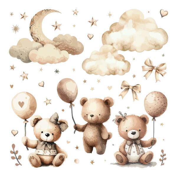 Muur stickers 80x118 Beige teddyberen in wolken met boho-ballonnen