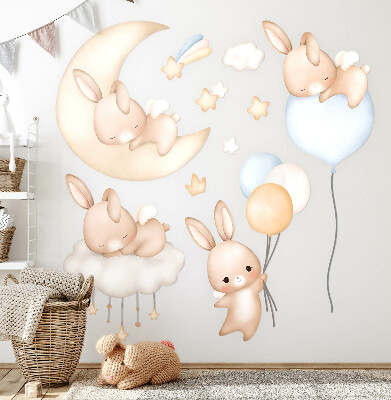 Muur stickers 80x70 Konijntjes met ballonnen in de nachtelijke hemel aquarel