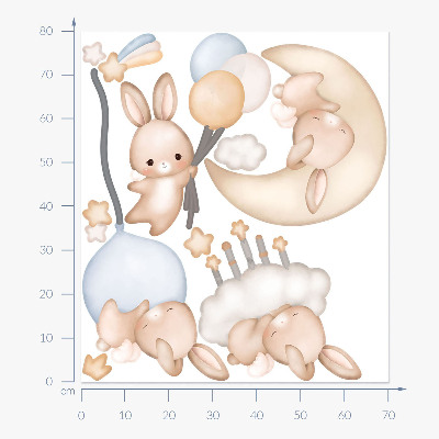 Muur stickers 80x70 Konijntjes met ballonnen in de nachtelijke hemel aquarel