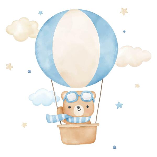 Muur stickers 80x122 Kleine beer in een ballon in de wolken aquarel pastel