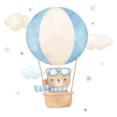 Muur stickers 80x122 Kleine beer in een ballon in de wolken aquarel pastel