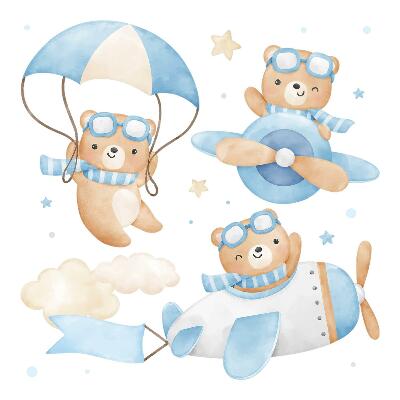 Muur stickers 80x126 Schattige teddyberen in een pastelkleurige aquarellucht