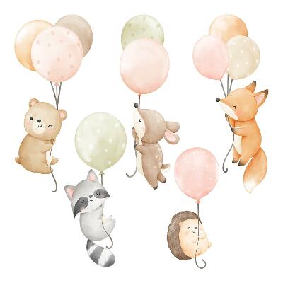 Muur stickers 80x124 Schattige dieren zwevend op ballonnen in waterverf