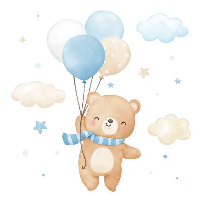Muur stickers 80x114 Schattige teddybeer met ballonnen in de wolken pastel aquarel