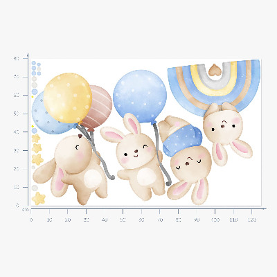 Muur stickers 80x125 Konijntjes met ballonnen in een pastelkleurige regenboog