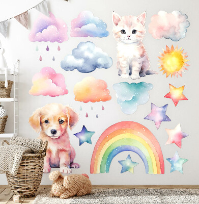 Muur stickers 80x109 Schattige dieren in pastelhemel
