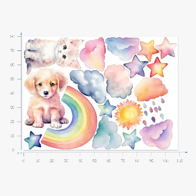 Muur stickers 80x109 Schattige dieren in pastelhemel