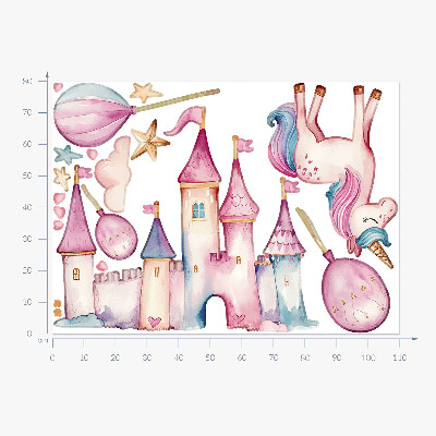 Muur stickers 80x110 Eenhoornkasteel in pastel aquarelstijl