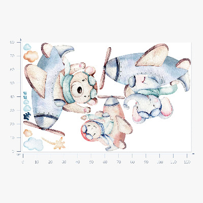 Muur stickers 80x123 Teddybeer, olifant en jongen in pastelkleurige vliegtuigjes