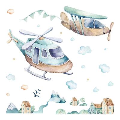 Muur stickers 80x116 Een helikopter en een vliegtuig in een pastelkleurig stadje