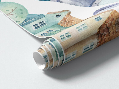 Muur stickers 80x116 Een helikopter en een vliegtuig in een pastelkleurig stadje