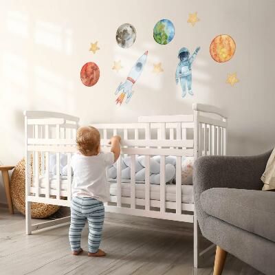 Muur stickers 80x143 Ruimteplaneten met aquarel van astronaut en raket